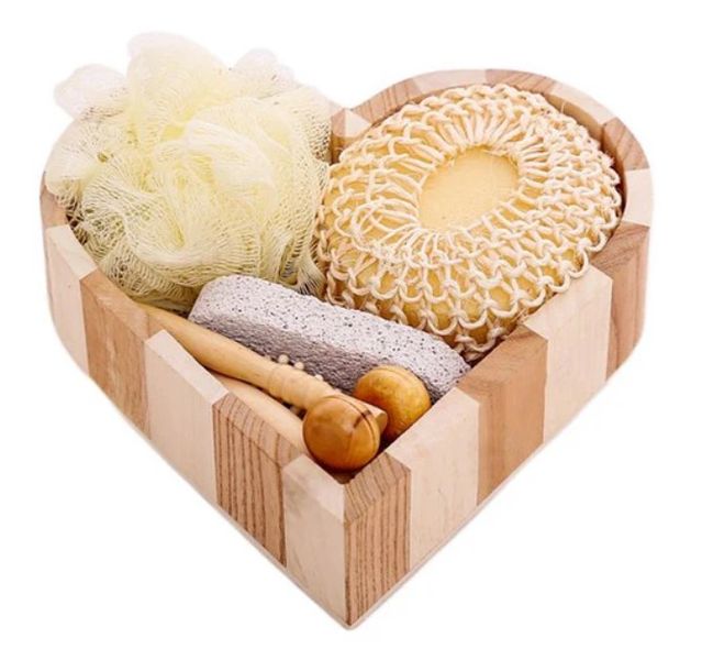 Wooden Heart Shaped Box with Exfoliating Body Tools