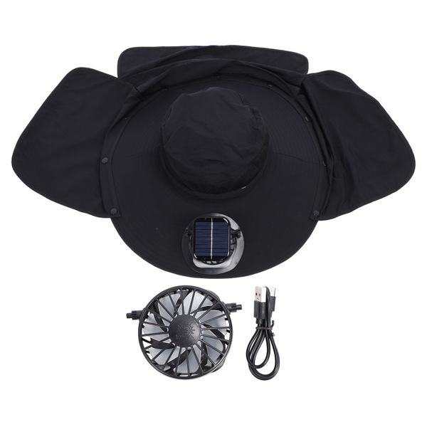 Black Solar Fan Fishing Hat with Neck Flap