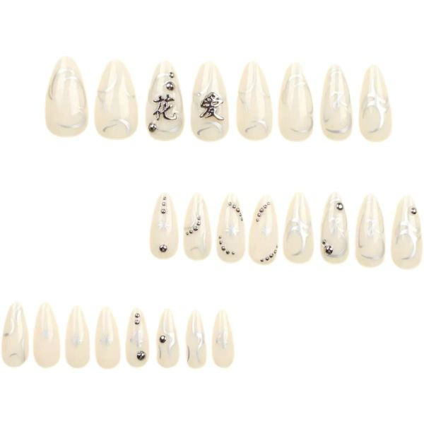 Silver Press On Nails Almond Fake Nails Nude Glossy False Nail With Design