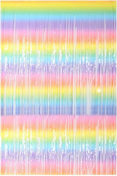 2 Pack Foil Fringe Curtain Backdrop, Rainbow Color