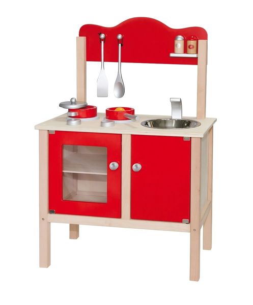 Red Wooden Toy Kitchen Set for Kids with Accessories - Ages 3+