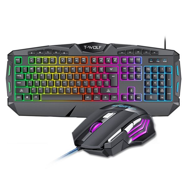 T-WOLF Wired Gaming Keyboard &amp; Mouse Combo LED Rainbow Backlit