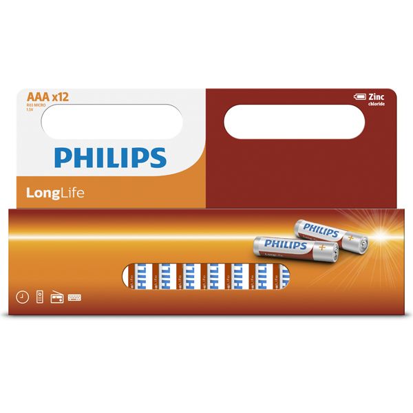 Philips - Longlife Zinc AAA Batteries 1.5V 12 Pack Window
