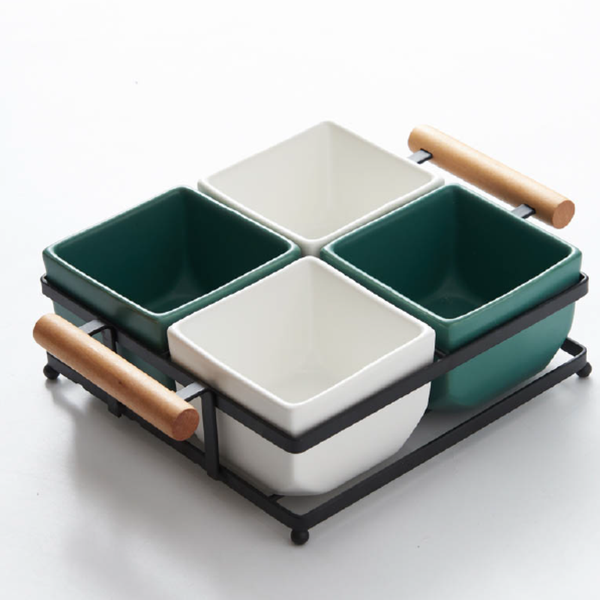 4 PCS Serving Ceramic Bowls With Tray - Green and White