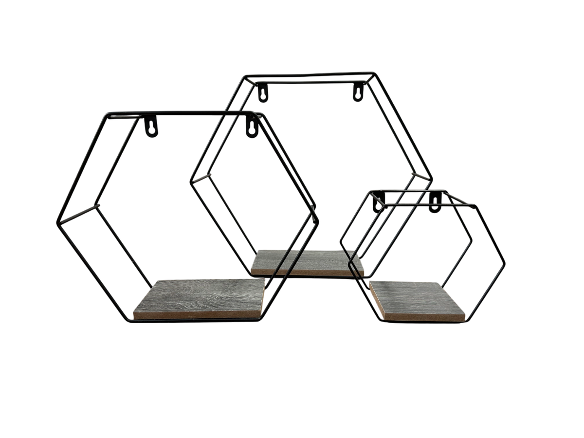 Black Hexagon Wall Shelves - Set of 3