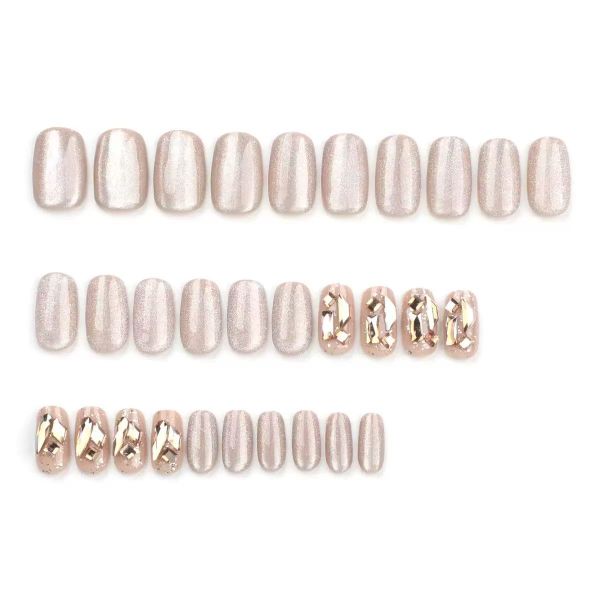 Nude Cat Eye Solid Color Nail Art Champagne Rhinestone False Nails