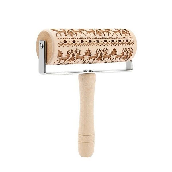 Wooden Elk Design Embossed Baking Rolling Pin With Handle