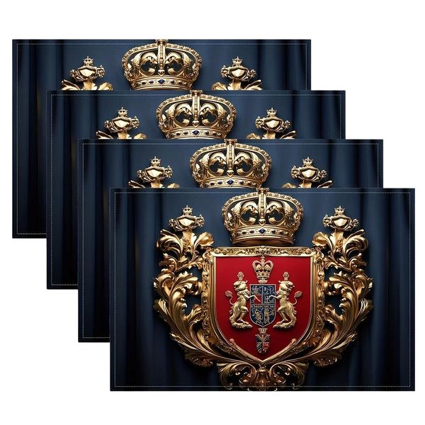 Set of 4 Elegant British Royal Crest Placemats Dark Blue with Golden Crown
