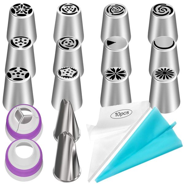 Silicone Piping Bag Set 27 Piece with Stainless Nozzles for Cake Decorating