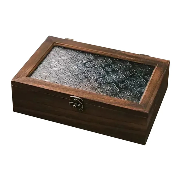 Vintage Glass Storage Box, Solid Wood Cabinet, Desktop Organizer L