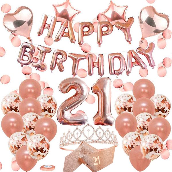 21st Birthday Tiara, Sash and Balloon Set for Girls - Rose Gold