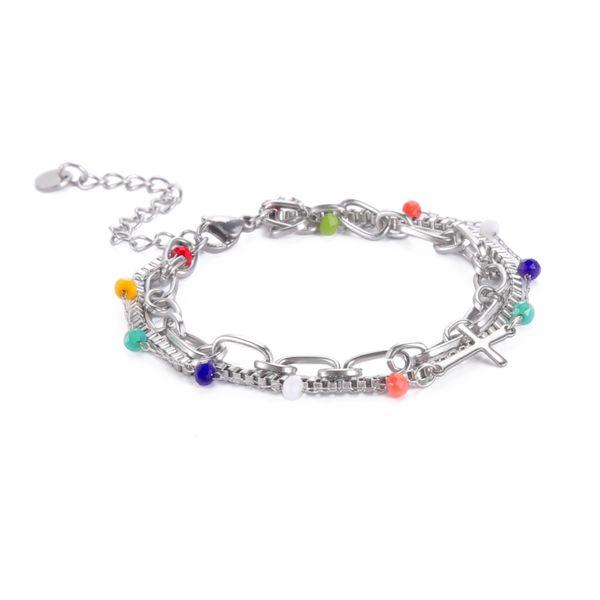 Unique Beaded Cross Steel Multi Chain Bracelet