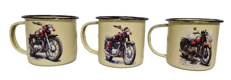 Yellow Enamel 3 Pack Mug set with Motor Cycle design