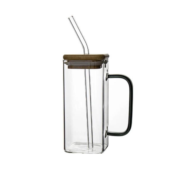 350ml Square Glass Mug And Straw With Bamboo Lid