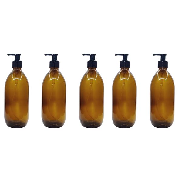 5 Pack 500ml Amber Bottles with Black Lotion Pump