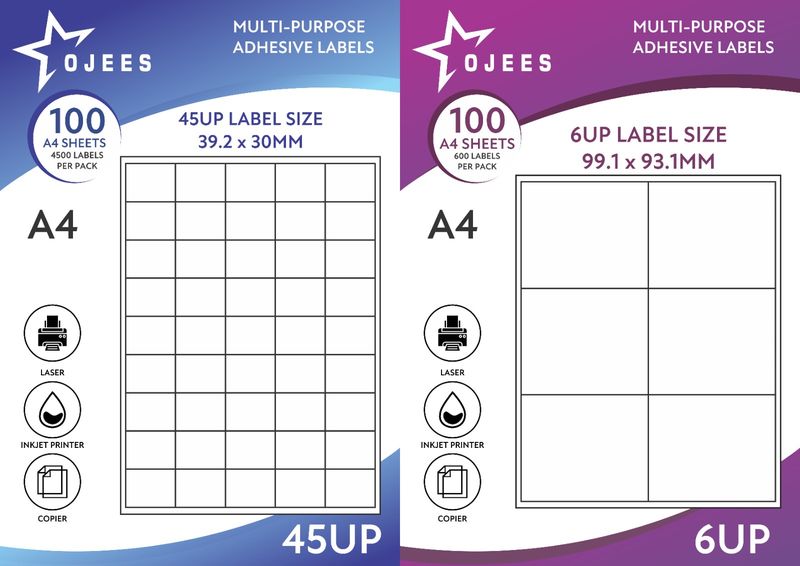 Ojees 45UP &amp; 6UP 100 Sheets A4 Barcode Adhesive Labels - Combo Pack of 2