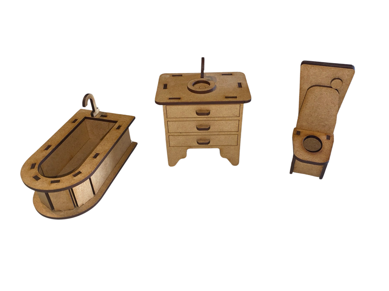 Wooden Doll House Furniture St Peter Bathroom - Bathtub, Toilet &amp; Sink Set