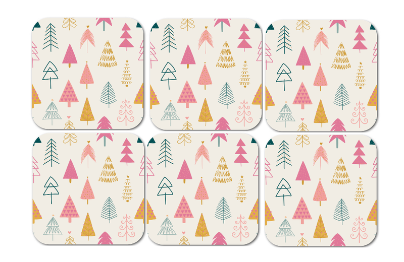 Christmas Table Decor - Set of 6 Coasters - Geometic Christmas Tree Designs