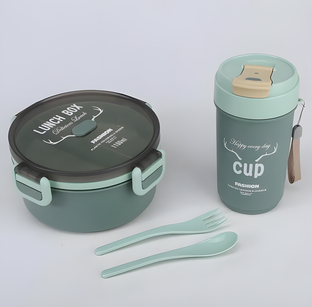 Green Compartment Lunch Box and Flask Cup