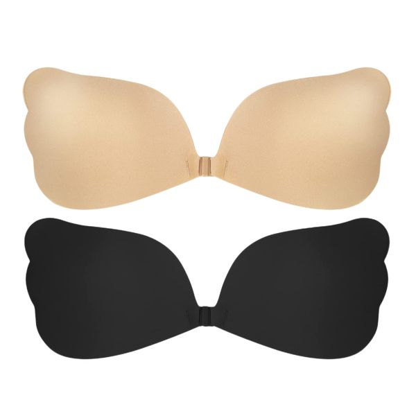 2Piece Invisible Adhesive Strapless Push Up Bra (B), Nipple Covers for Women