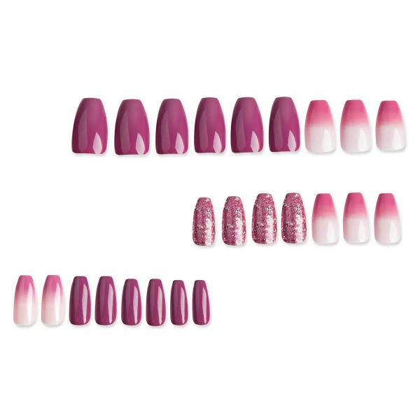French Minimalist Pink Purple Gradient Nail Art With Glitter False Nails