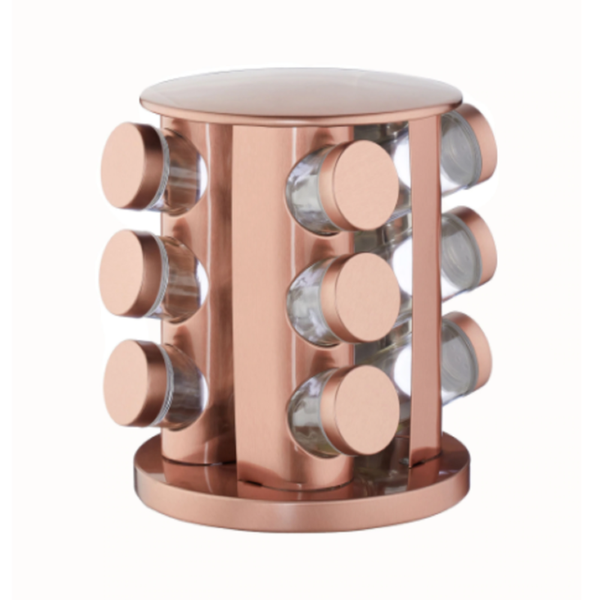 Set of 12 Rose Gold Spice Containers with Rotating Holder