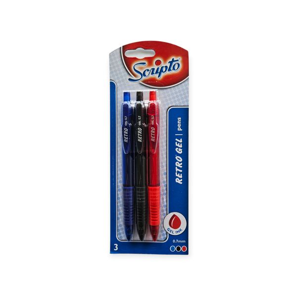 SCRIPTO RETRO GEL PEN-Bl/Blk/Red -0.7mm Carded 3's