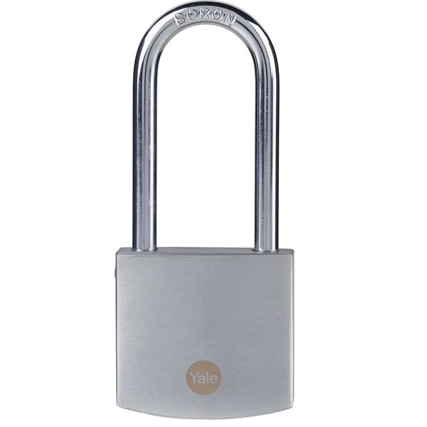 Yale 50mm Brass padlock satin chrome long shackle pack1
