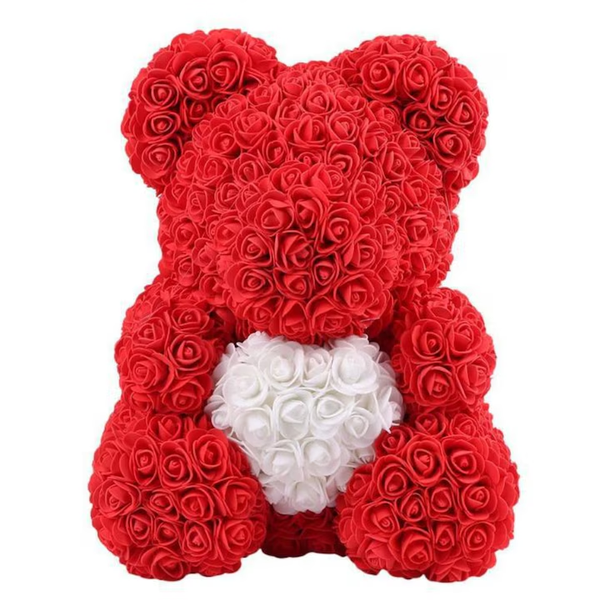 Hand-decorated Rose Teddy Bear in Gift Box, 25 cm, red