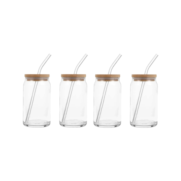 Set of 4 Can-Shaped Glasses - With Wooden Lids &amp; Straws