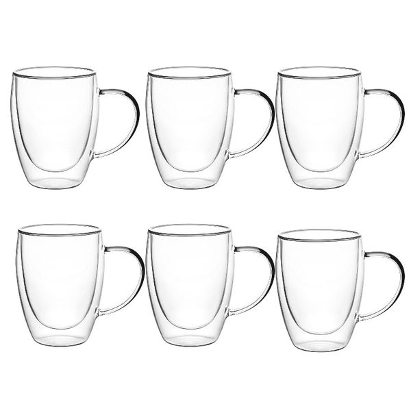 Double-Walled Borosilicate Glass Coffee Mugs 350ml - Transparent - 6-Pack