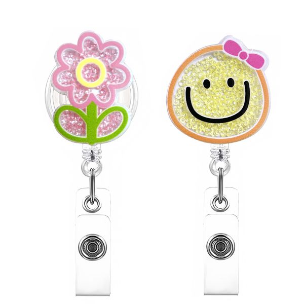 2 Pcs Smiling face-Flower Badge Retractable,with Alligator Clip