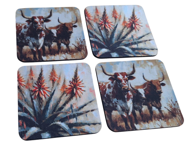 4-Piece Square Coaster Set with Rubber Backing - Cattle &amp; Aloe Plant