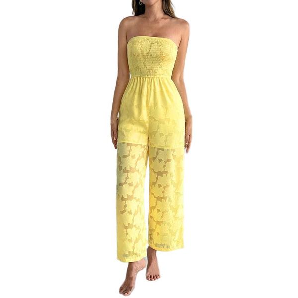 Women's See-Through Yellow Sleeveless Camisole Straight Pants Set