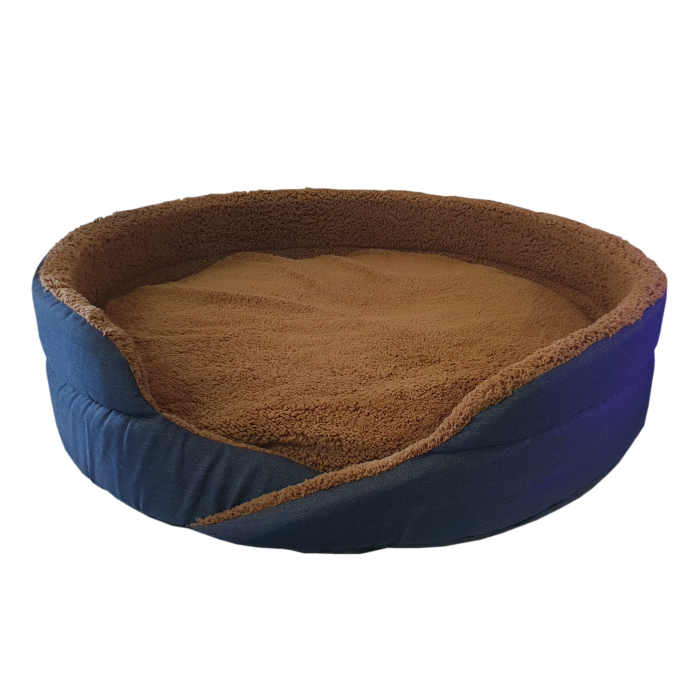 Denim Oval Dog Bed with Sheepskin Dark Brown (45cm) Buy Online in