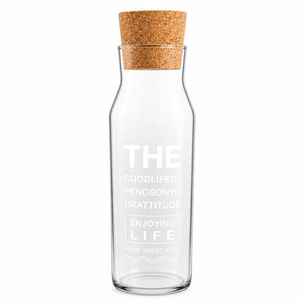 Olala Glass Water Carafe with Cork Lid - Inspirational Quote Pitcher