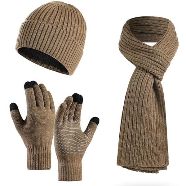 Men's Winter Warm Knit Beanies Hat Scarf Touch Screen Gloves Sets - 3 Piece