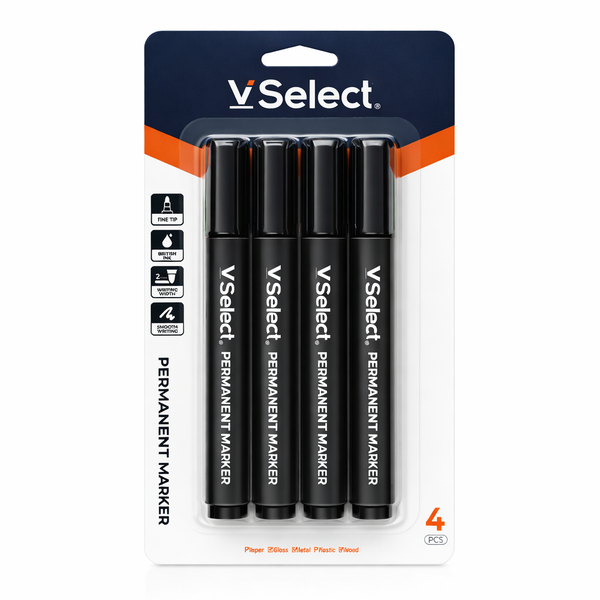 VSelect Permanent Markers 4 Pack - Fine Tip, Quick Dry Ink, Multi-Surface