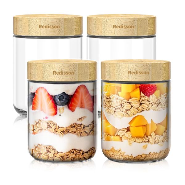 Redisson 16oz Glass Jars with Bamboo Lids Wide Mouth Mason Salad Jars 4 Pack