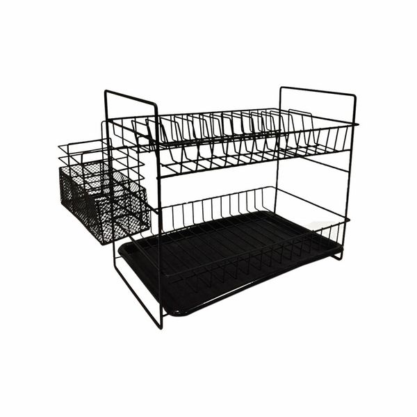Regent - Kitchen 2-Tier Black Dish Rack with Tray and Basket - 39.5 x 25 x 25cm
