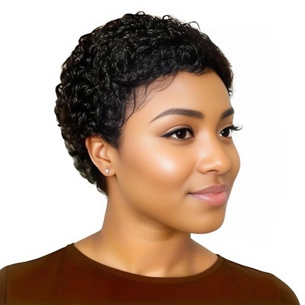 Geebuy Pixie Cut Deep Curly Wig No Lace Human Hair Black Color
