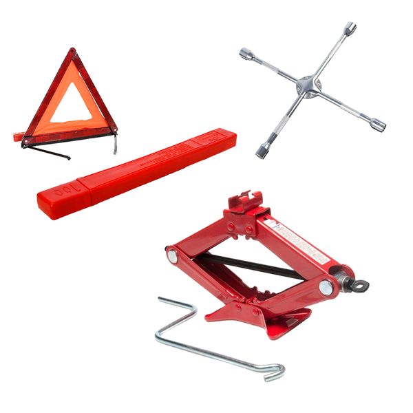 Emergency Roadside 2 Ton Car Jack - 4 Way Wheel Spanner &amp; Triangle Combo
