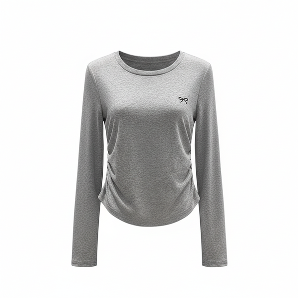 Long-Sleeved Pleated Round Neck Pullover Top - Grey