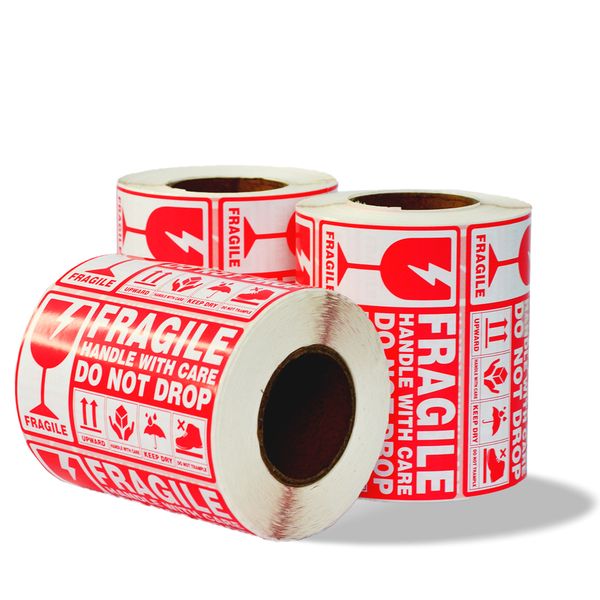 Fragile Sticker Labels 90mm x 50mm, 500 Labels per Roll, Pack of 3 Rolls