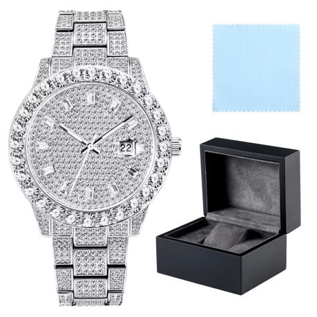 Double Diamond Baguette Numerals IcedOut Watch For Men Watch Cloth And Box Image