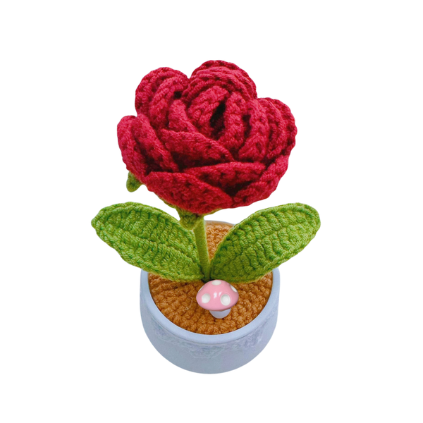 Crochet Flowers Red Rose Mini Potted, Desk Car Decor Birthday Gift