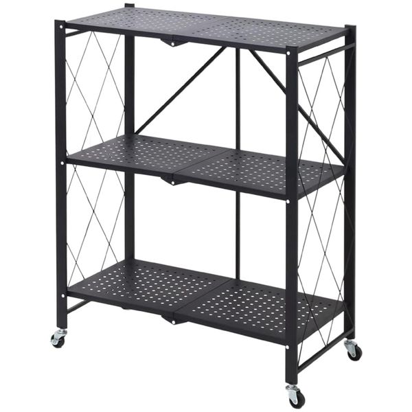 Foldable storage rack with wheels, carbon steel 3layer storage rack trolley