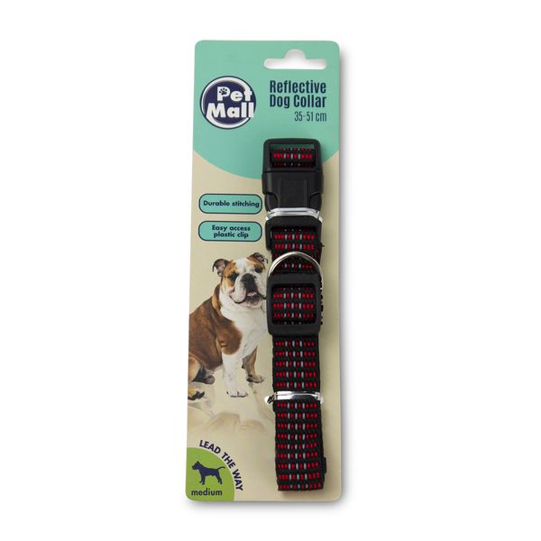 Dog Collar - Reflective - Plastic Clip - Red and Black - Medium - 35-51cm