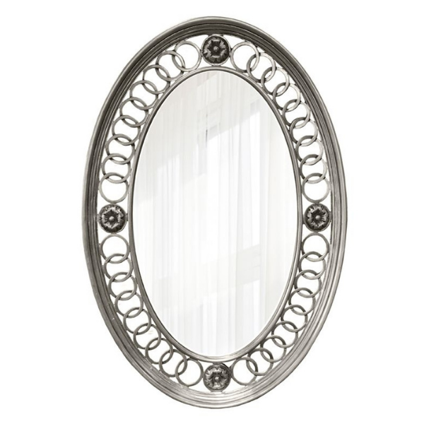 Oval Mirror with Decorative Rings and Silver Roses, 1020x710mm