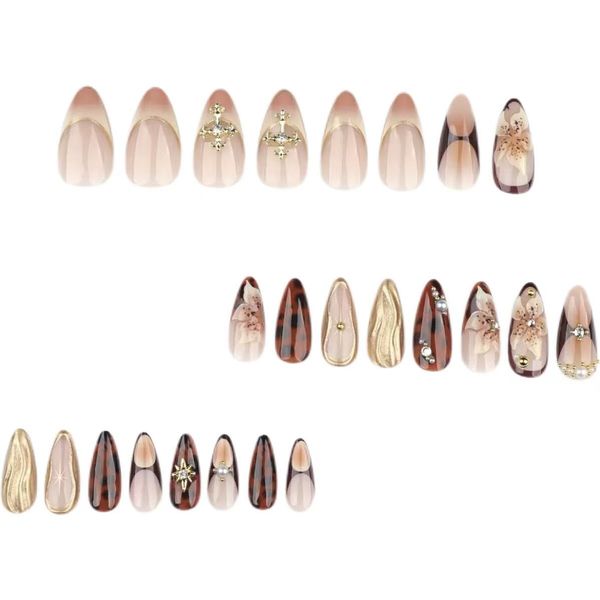 3D Flower Brown Press On Nails Medium Almond, 3D Floral Pearl